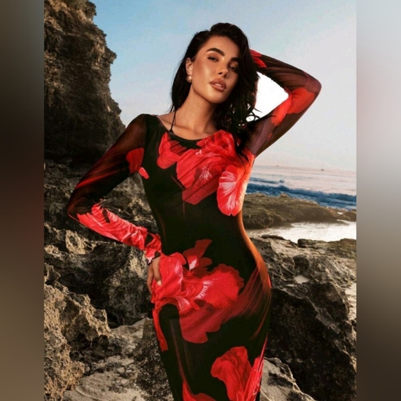 Holiday Outfits Floral Pattern Women Holiday Dress Sexy Party Prom Semi formal - Picture 4 of 4